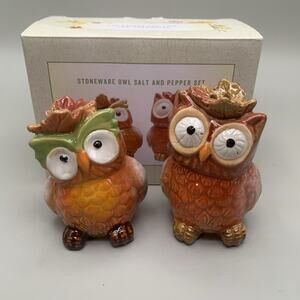 CRACKER BARREL OWL SALT AND PEPPER SHAKER SET STONEWARE POTTERY LEAVES AUTUMN